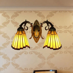 Yellow Glass Aged Brass Sconce Lighting - 2 Head Mission Wall Mounted Light / Arc
