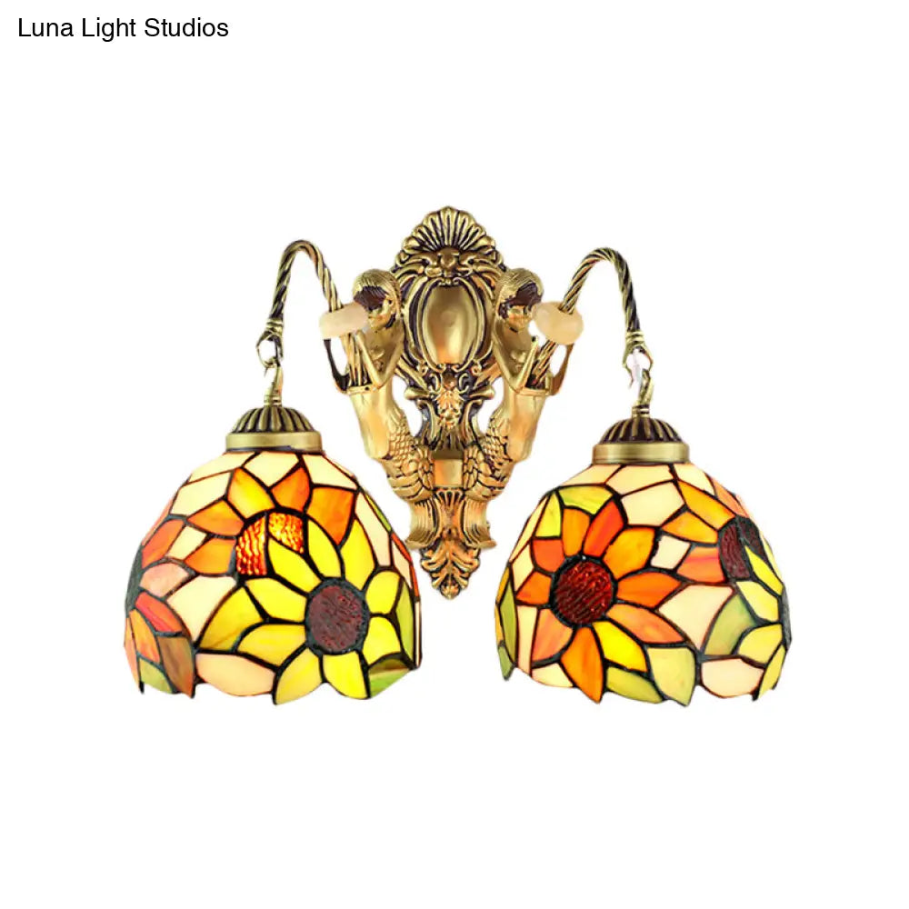 Yellow Glass Sunflower Wall Mount Sconce Light With 2 Lights For Bathroom Vanity By Tiffany