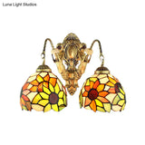 Yellow Glass Sunflower Wall Mount Sconce Light With 2 Lights For Bathroom Vanity By Tiffany
