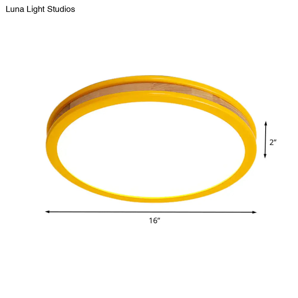Yellow Round Flushmount Led Wood Ceiling Light For Bedroom - 12’/16’ Dia