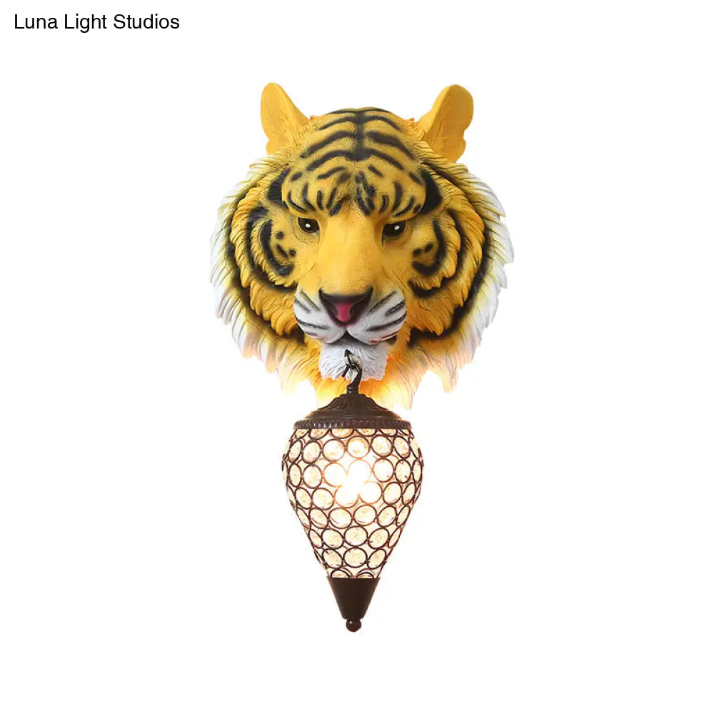 Yellow Rustic Resin Tiger Wall Sconce Light With Teardrop Crystal Shade