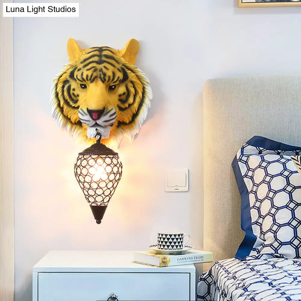 Yellow Rustic Resin Tiger Wall Sconce Light With Teardrop Crystal Shade