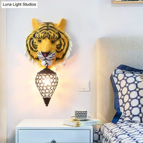 Yellow Rustic Resin Tiger Wall Sconce Light With Teardrop Crystal Shade