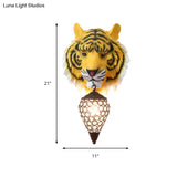 Yellow Rustic Resin Tiger Wall Sconce Light With Teardrop Crystal Shade
